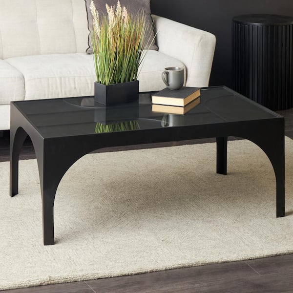 42 in. Black Metal Rectangle Geometric Coffee Table with Glass Top