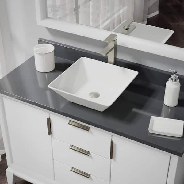 Rene Porcelain Vessel Sink in Biscuit with 7003 Faucet and Pop-Up Drain in Brushed Nickel