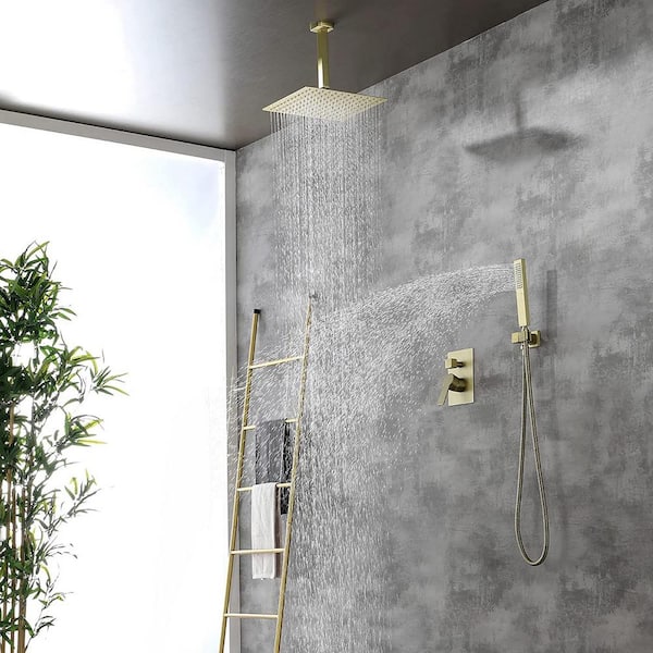 Pomelo 1-Spray Patterns with 12 in. Ceiling Mount Dual Shower Heads with Rough-in Valve Body and Trim in Brushed Gold