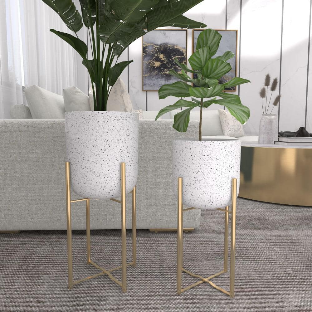 White Speckled Metal Planters with Gold Stands, Set of 2