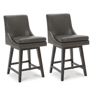 Fiona 26 in. Pure Retro Gray High Back Solid Wood Frame Swivel Counter Height Bar Stool  Faux Leather Seat (Set of 2)