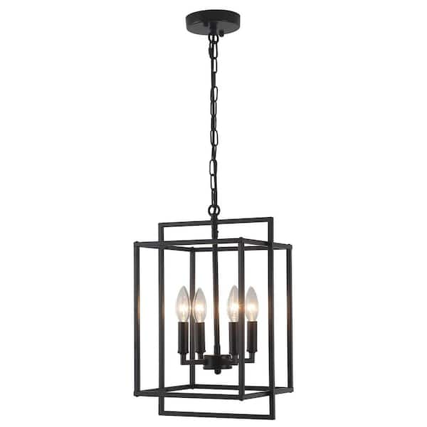 4-Light Black Farmhouse Chandelier with Metal Square Shade, Candlestick Chandeliers for Kitchen Island