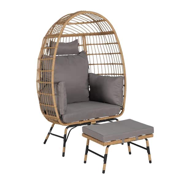2-Piece Set Oversized Brown Wicker Large Egg Chairs with Ottoman, Thick Dark Gray Cushions for Porch, Backyard, Balcony