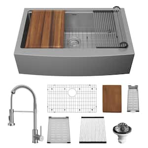 All-in-One 33 in. Farmhouse/Apron-Front Single Bowl 16-Gauge Stainless Steel Workstation Kitchen Sink with Faucet