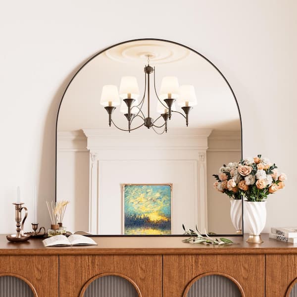 Black 32 in W x 34 in. H Modern Arched Metal Wall Mirror for Living Room Bedroom Mantel Entryway Hallways