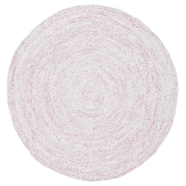 Braided Ivory Pink 5 ft. x 5 ft. Border Chevron Round Area Rug