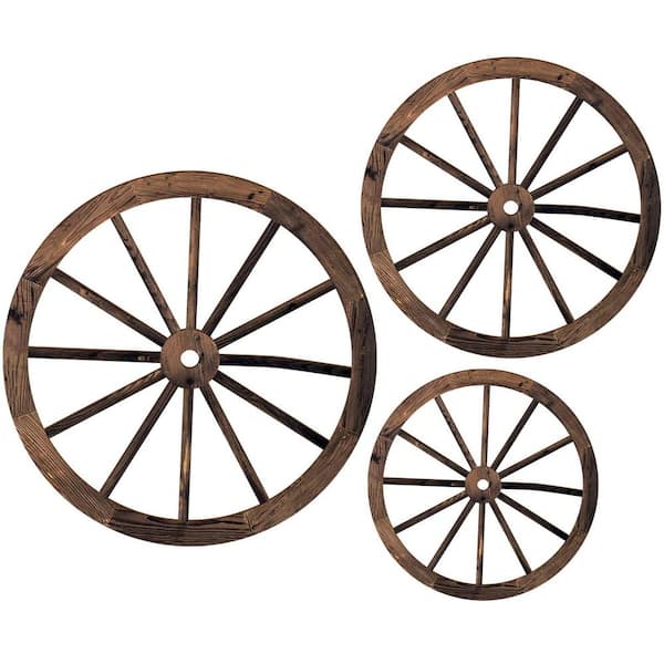 Angel Sar 3-Piece 12/10/8 in. Old Western Hanging Decorative Wheels for Garden Home Bar Garage, Dark Brown