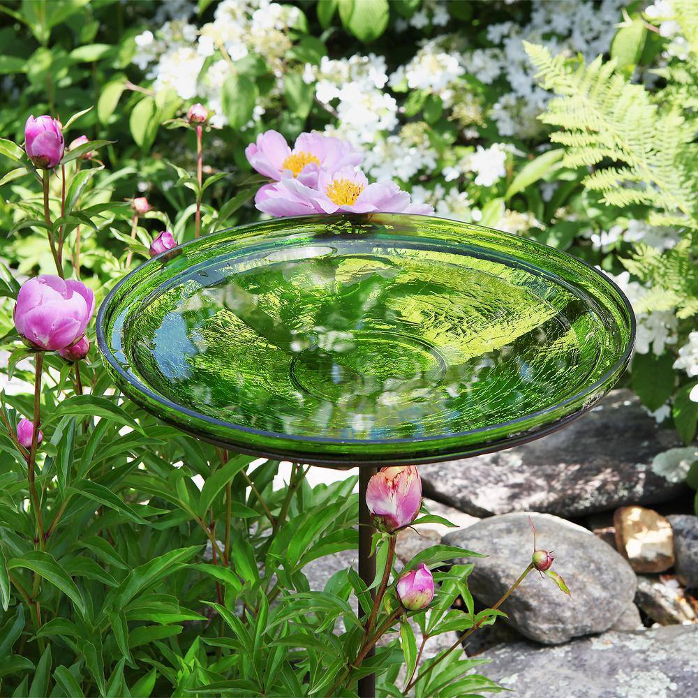 Fern Green Hand Blown Glass Birdbath with Stake