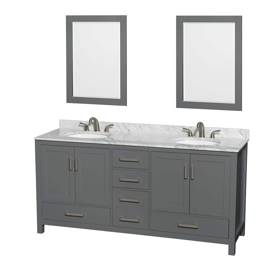 Sheffield 72 in. W x 22 in. D x 35 in. H Double Bath Vanity in Dark Gray with White Carrara Marble Top and 24"" Mirrors -  Wyndham Collection, 700161169508