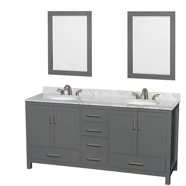 Wyndham Collection Sheffield 72 in. W x 22 in. D x 35 in. H Double Bath Vanity in Dark Gray with White Carrara Marble Top and 24" Mirrors