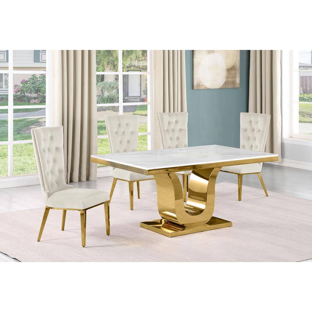 Luxurious Cream Velvet and Gold Marble Top Dining Set
