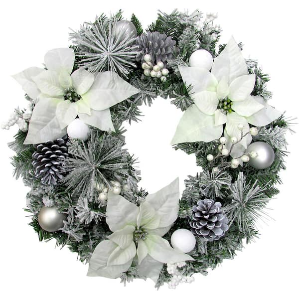 Fraser Hill Farm 24 in. Artificial Christmas Wreath with White Poinsettia Blooms, Ornaments and Pinecones
