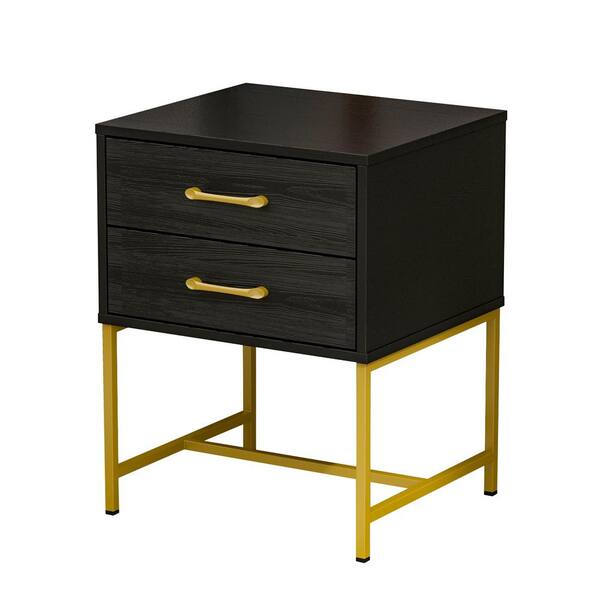 FUFU&GAGA 2-Drawer Black Gold Wood Nightstand With Metal Legs 