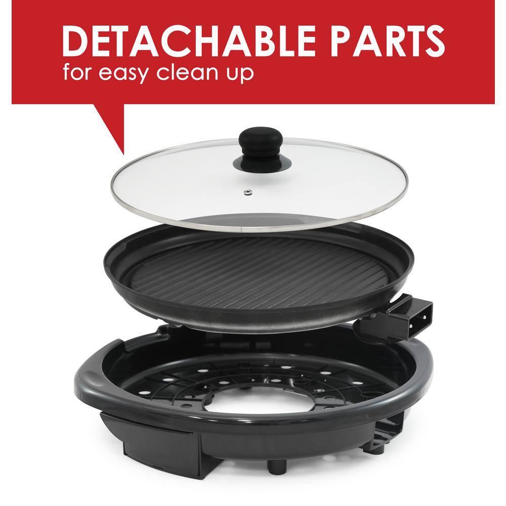 Elite Black Round Aluminum Indoor Electric Grill with Glass Lid