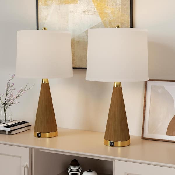 Salem 24.5 in. Brown Metal Table Lamp with White Shade and USB Port (2-Pack)