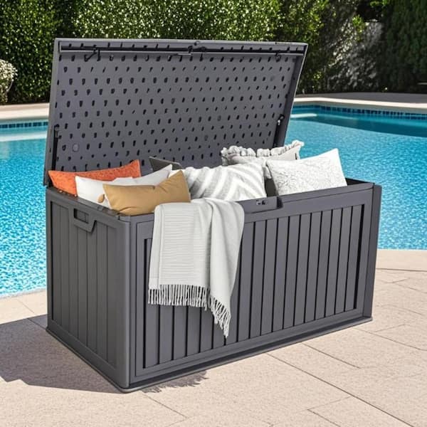 Unbranded 100 Gal. Resin Deck Box with Side Handle and Lockable Cover, Storage Box for Garden