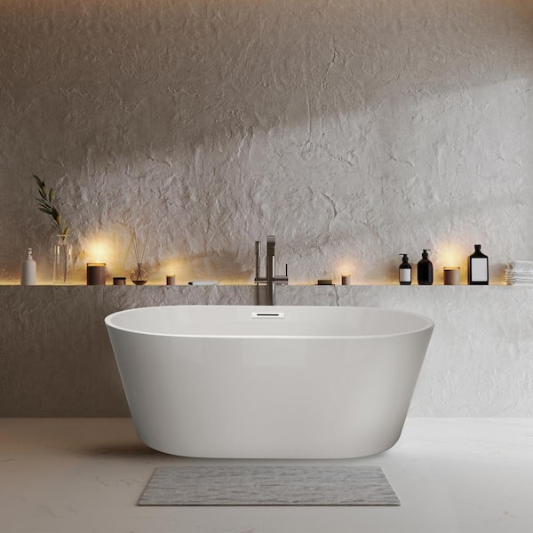 Getpro 59 in. Acrylic Flatbottom Freestanding Non-Whirlpool Soaking Bathtub in White