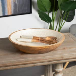 Cream Handmade Mango Wood Decorative Bowl with Matching Salad Serving Utensils (Set of 3)