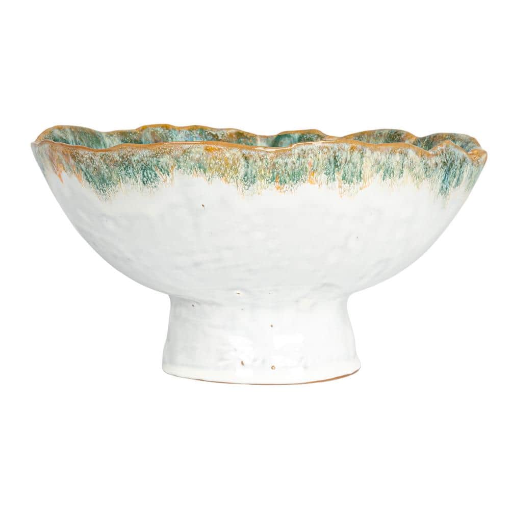 Green and Brown Stoneware Serving Bowl with Stand