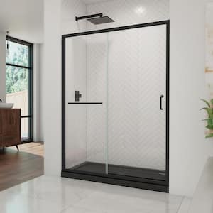 Infinity-Z 54 in. W x 74.75 in. H Sliding Semi-Frameless Shower Door in Matte Black with Clear Glass and Base