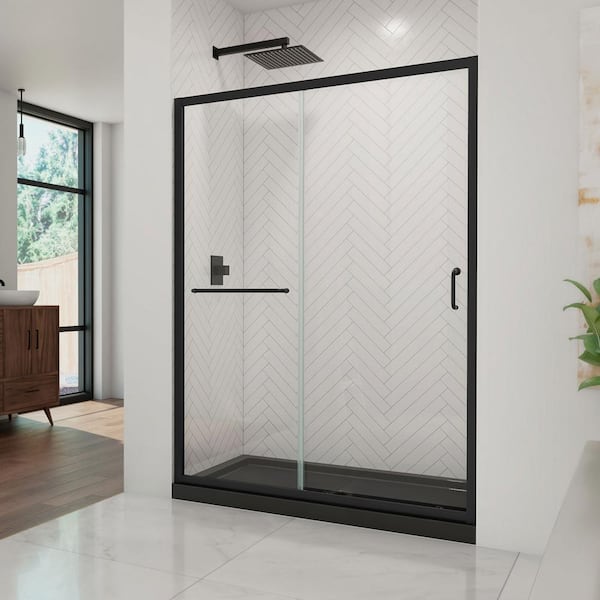 DreamLine Infinity-Z 54 in. W x 74.75 in. H Sliding Semi-Frameless Shower Door in Matte Black with Clear Glass and Base