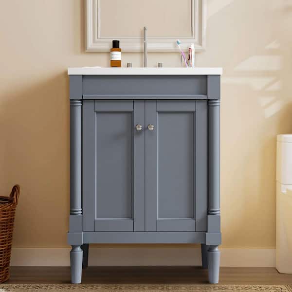 24 in. W Single Sink Freestanding Gray Bath Vanity with White Ceramic Top and Storage Shelves, Unassembled