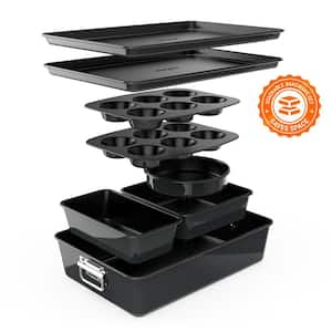 8-Piece Stackable Carbon Steel Non-Stick Coating, Bake Tray Sheet Bakeware Set (Black)
