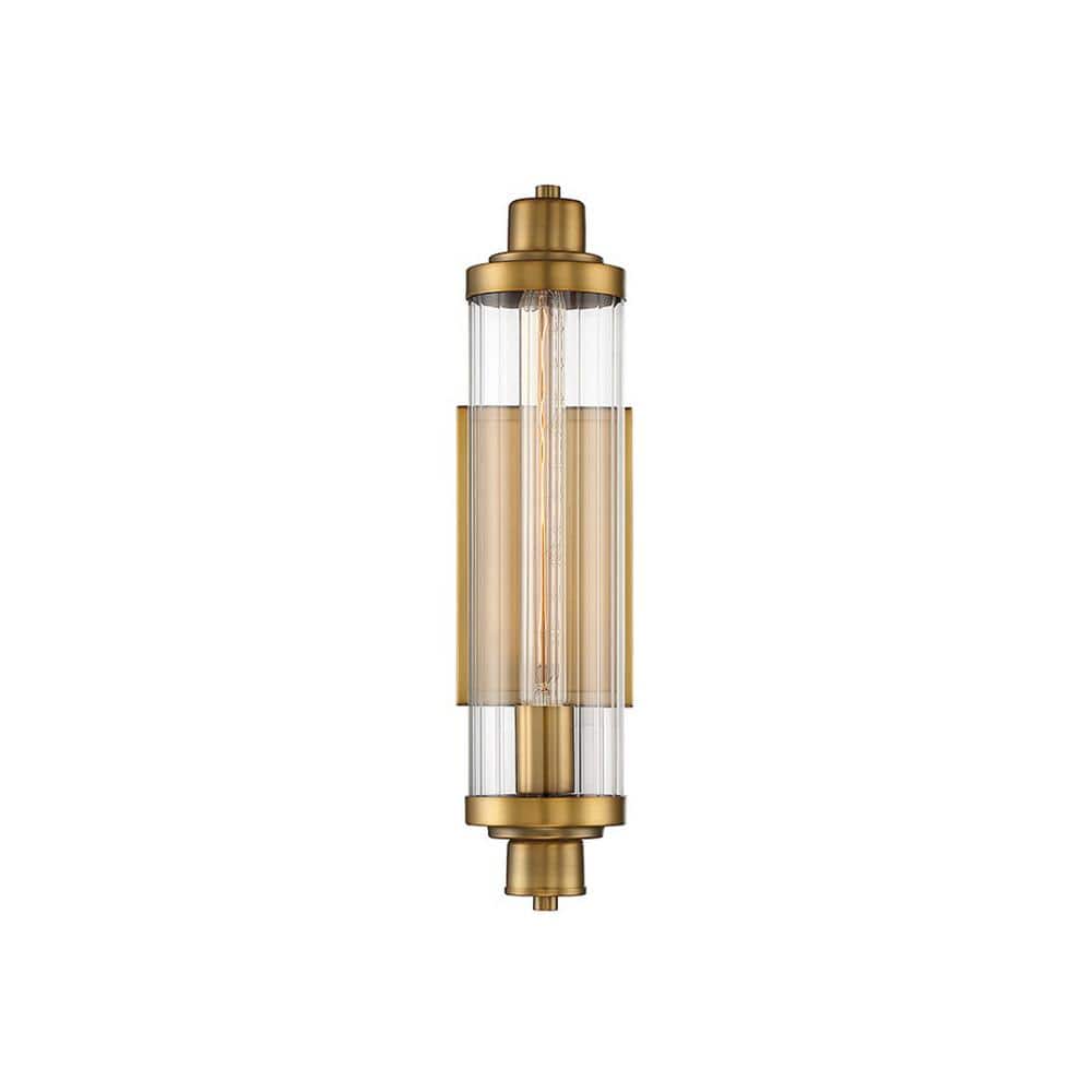 Pike Warm Brass Finish 1-Light Vanity Sconce with Clear Ribbed Glass