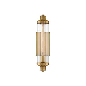 Pike 4.5 in. W x 15.25 in. H 1-Light Warm Brass Wall Sconce with Clear Ribbed Glass Shade