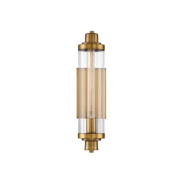 Savoy House Pike 4.5 in. W x 15.25 in. H 1-Light Warm Brass Wall Sconce with Clear Ribbed Glass Shade