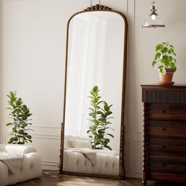 Antique Gold 32 in. W x 71 in. H Carved Arched PU Frame Full Length Floor Mirror