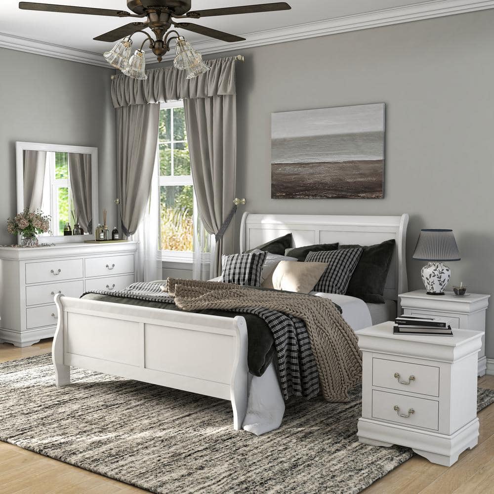 5-Piece Burkhart White Wood King Bedroom Set with 2-Nightstands and Dresser w/Mirror -  Furniture of America, EC-7866WH-EKNDM