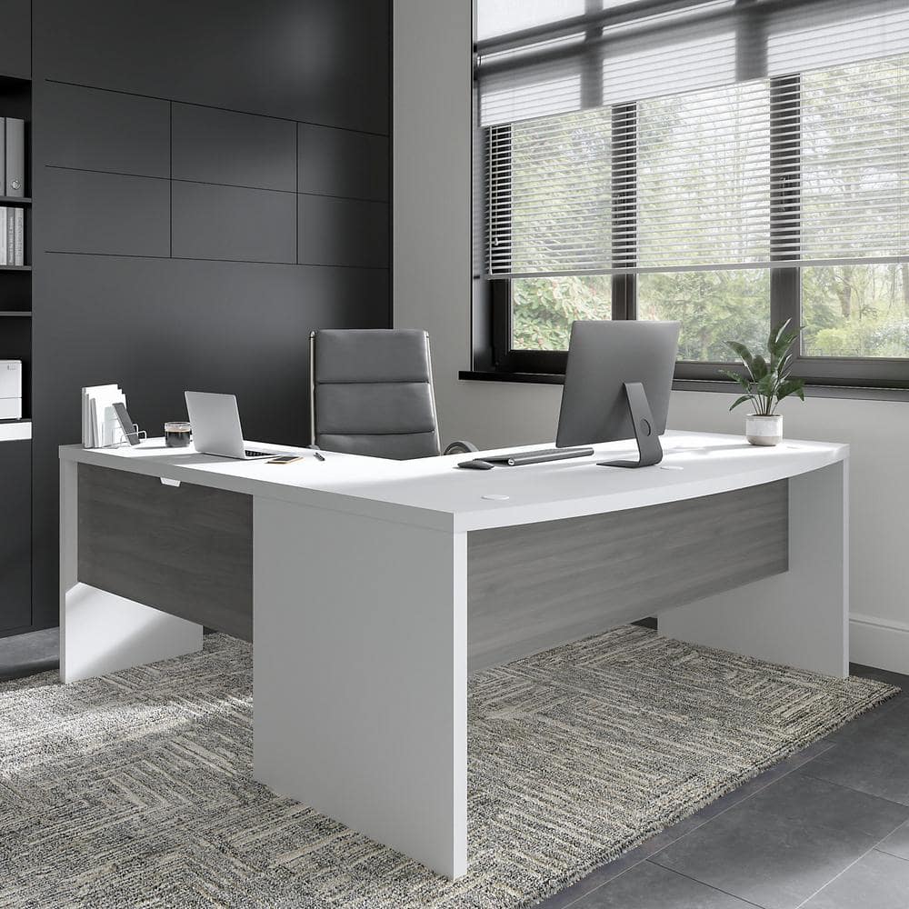 Contemporary White & Gray L-Shaped Desk with Filing Cabinet