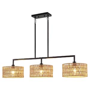 3-Light Black Linear Kitchen Island Pendant with Rattan Woven Shade