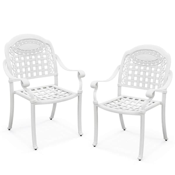 Cast Aluminum Armrest Chairs Stackable Outdoor Dining Chairs in White Set of 2