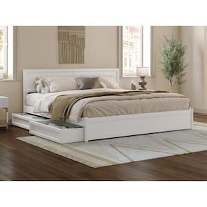 Lylah White Solid Wood Frame King Platform Bed with Panel Footboard and Storage Drawers