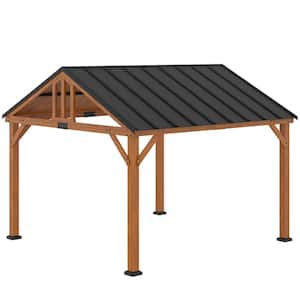 11.7 ft. x 11.3 ft. Brown Wooden Hardtop Gazebo with Asphalt Roof