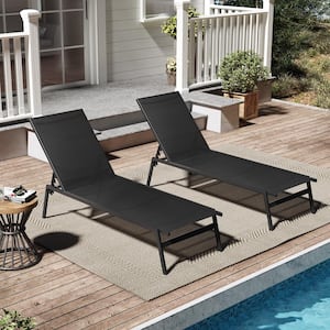 Metal Outdoor Patio Stackable Reclining Adjustable Chaise Lounge Chairs in Black (Set of 2)