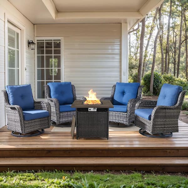 5-Piece Gray Wicker Fire Pit Conversation Set with Olefin Blue Cushions and Swivel Glider Rocking Chairs