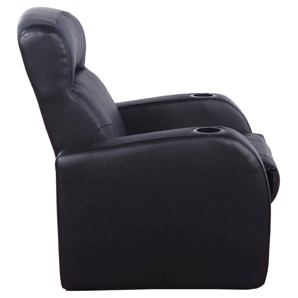 Cyrus Black Leather Manual Reclining Sofa with Cup Holders