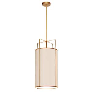 Trapezoid 4-Light Gold Frame Pendant with Cream Fabric Shade