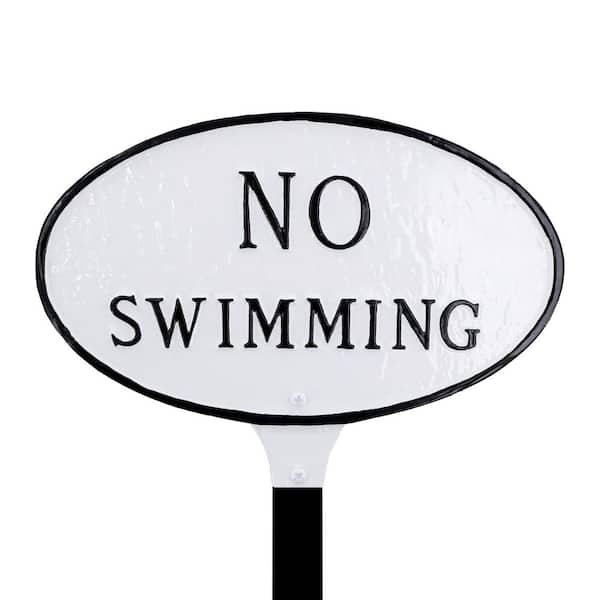 Montague Metal Products 6 in. x 10 in. Small Oval No Swimming Statement Plaque Sign with Lawn Stake - White/Black