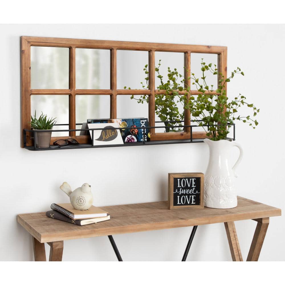 Rustic Brown Wood Wall Mirror with Black Metal Shelf