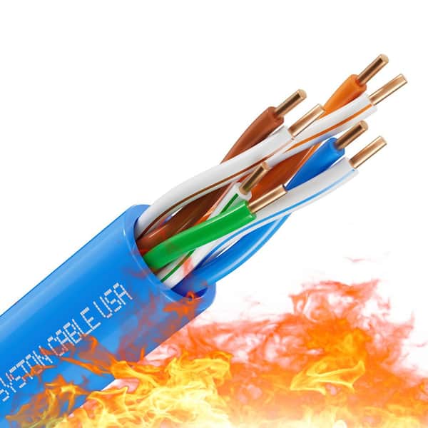 500 ft. Blue CMP Cat 5e 350 MHz 24 AWG Solid Bare Copper Ethernet Network Wire Data Cable - Bulk No Ends Heat Resistant
