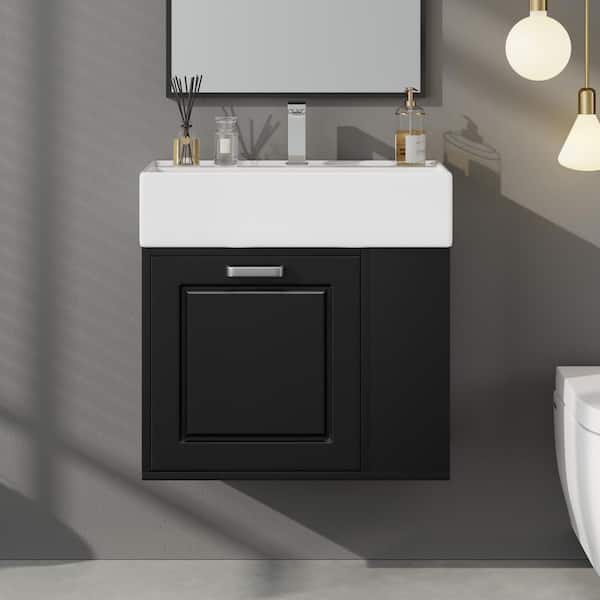 22 in. Wall Mounted Black Bath Vanity with White Ceramic Top Unassembled