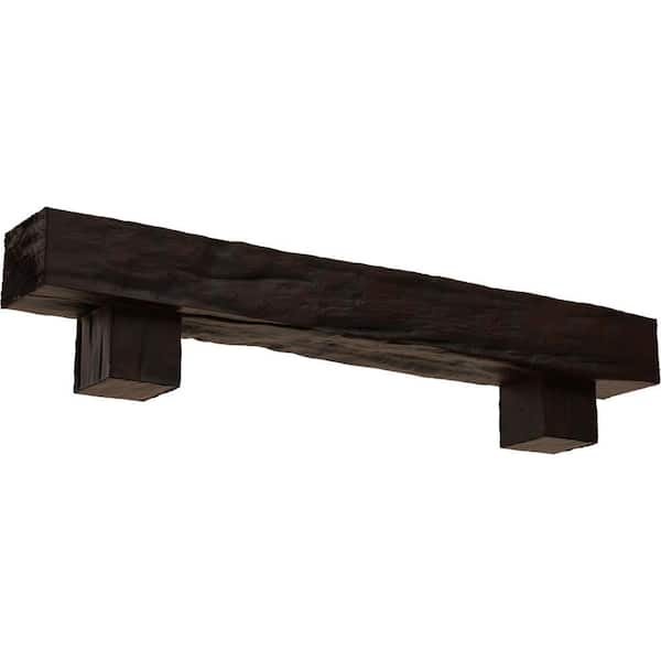 Ekena Millwork 4 in. x 8 in. x 5 ft. Riverwood Faux Wood Fireplace Mantel Kit with Alamo Corbels, Premium Hickory