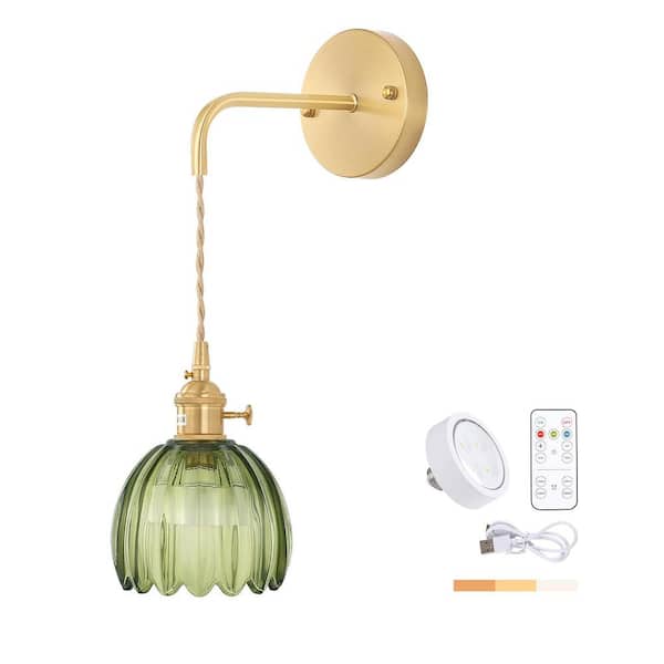 Ahfiwaso Retro 4.72 in. 1-Light Gold Battery Operated Vintage Smart Home Wall Sconce with Tulip Green Glass Shade with Remote