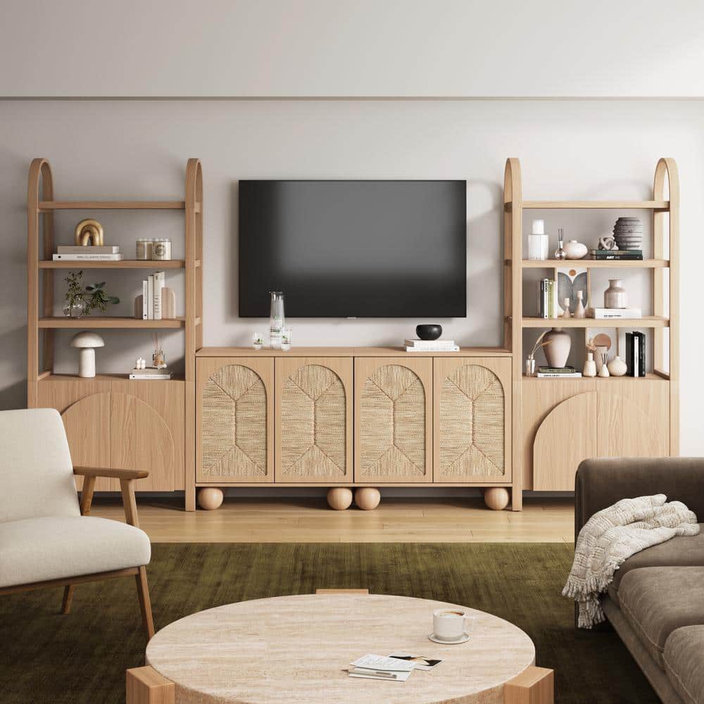 Leah Light Brown Bohemian Seagrass Cabinet with Solid Wood Legs