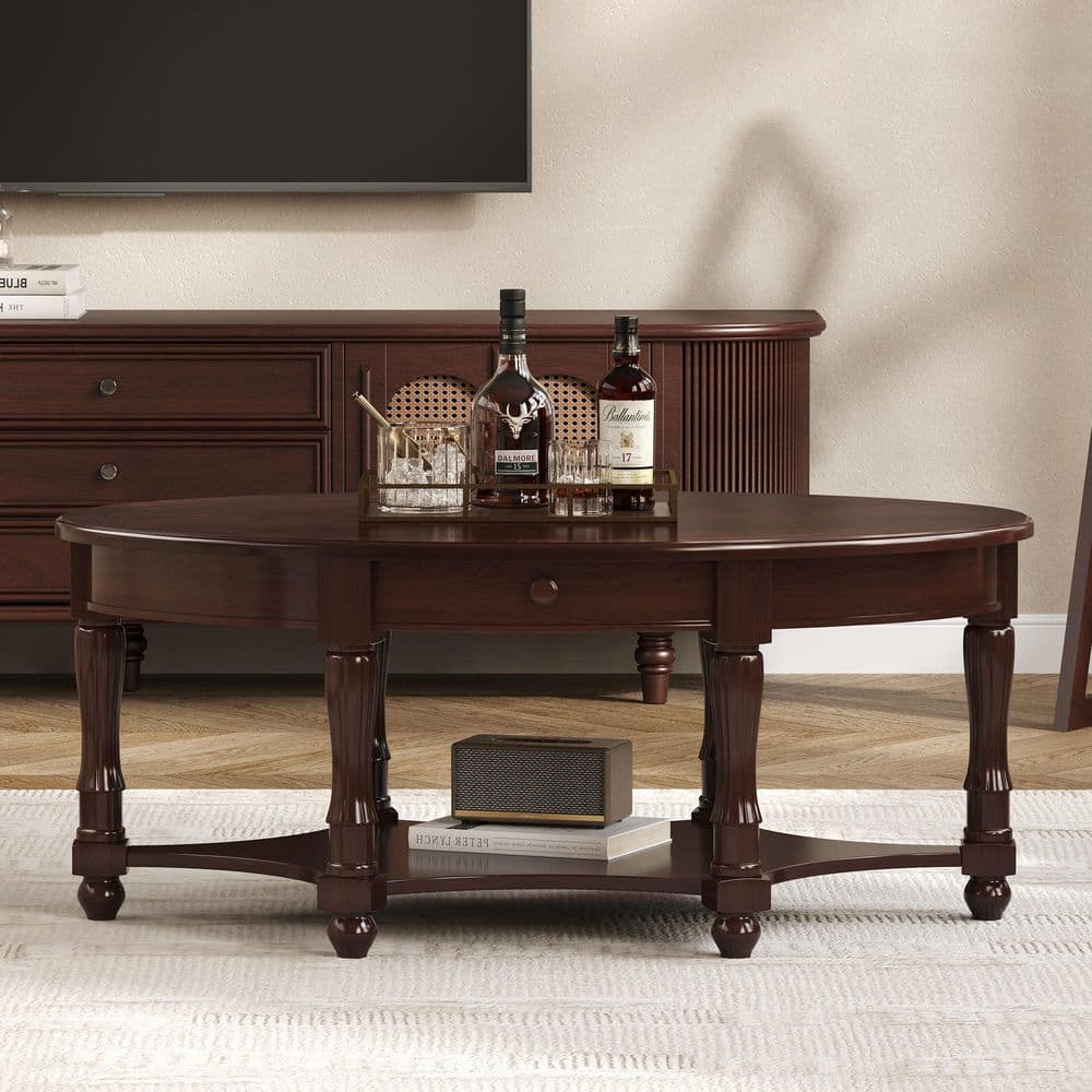 Walnut 45 in. Vintage Oval Wood Coffee Table with Drawer and Open Shelf-Antique Cocktail Table for Living Room