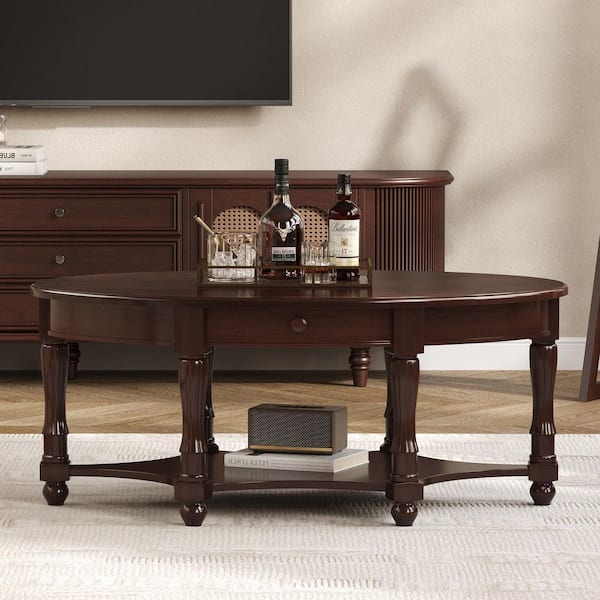 Walnut 45 in. Vintage Oval Wood Coffee Table with Drawer and Open Shelf-Antique Cocktail Table for Living Room